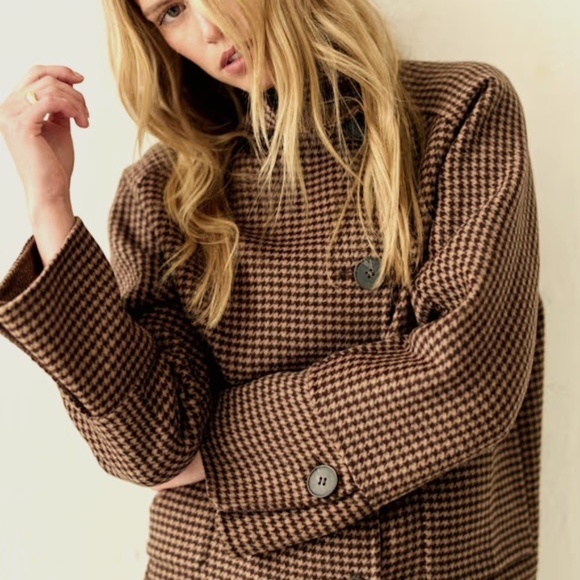 Mervin Short Coat Jacket in Brown Houndstooth Wool Size 4 NWT - Picture 1 of 16